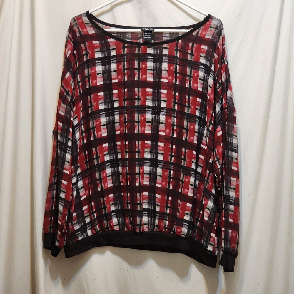 Torrid Black Red White Plaid Sheer Long Sleeve Fall Blouse Top 1 1X